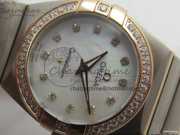 0212 NewStyle Constellation Ladies 27mm ZF 1:1 Best Edition SS RG White MOP Dial Diamonds Bezel & Markers on SS RG Bracelet ETA Quartz 7943